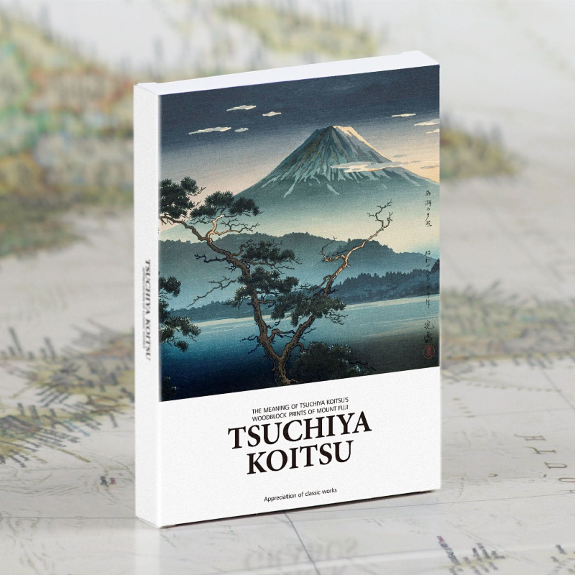 Japanese Art Postcards Tsuchiya Koitsu: Mt. Fuji woodblock print scene on card box.